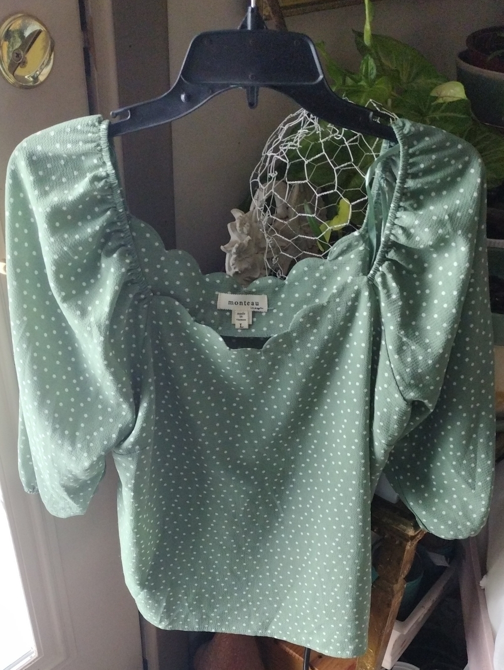 Monteau Sage Green Polka Dot Scalloped Neck Puff Sleeve Blouse